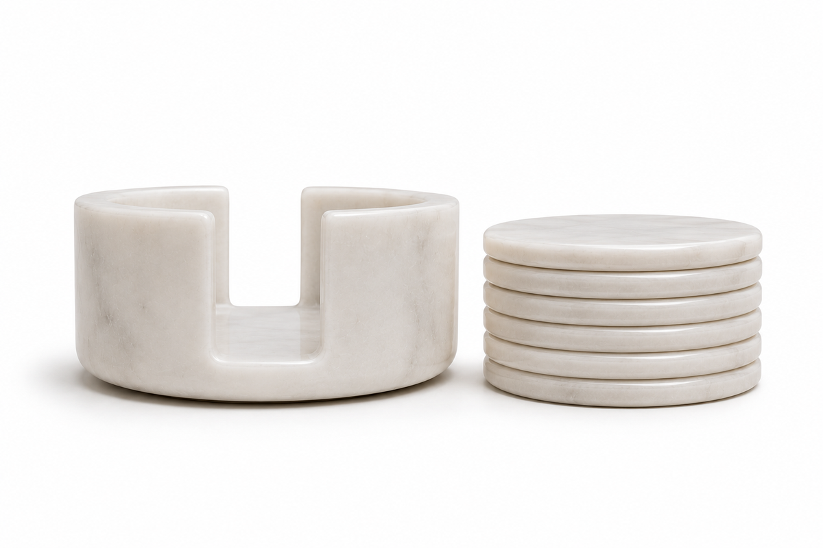 Luxury White Marble Coaster Set with Holder - Set of 6 Natural Stone Drink Coasters for Coffee Table, Dining Table & Office | Marvique Interior