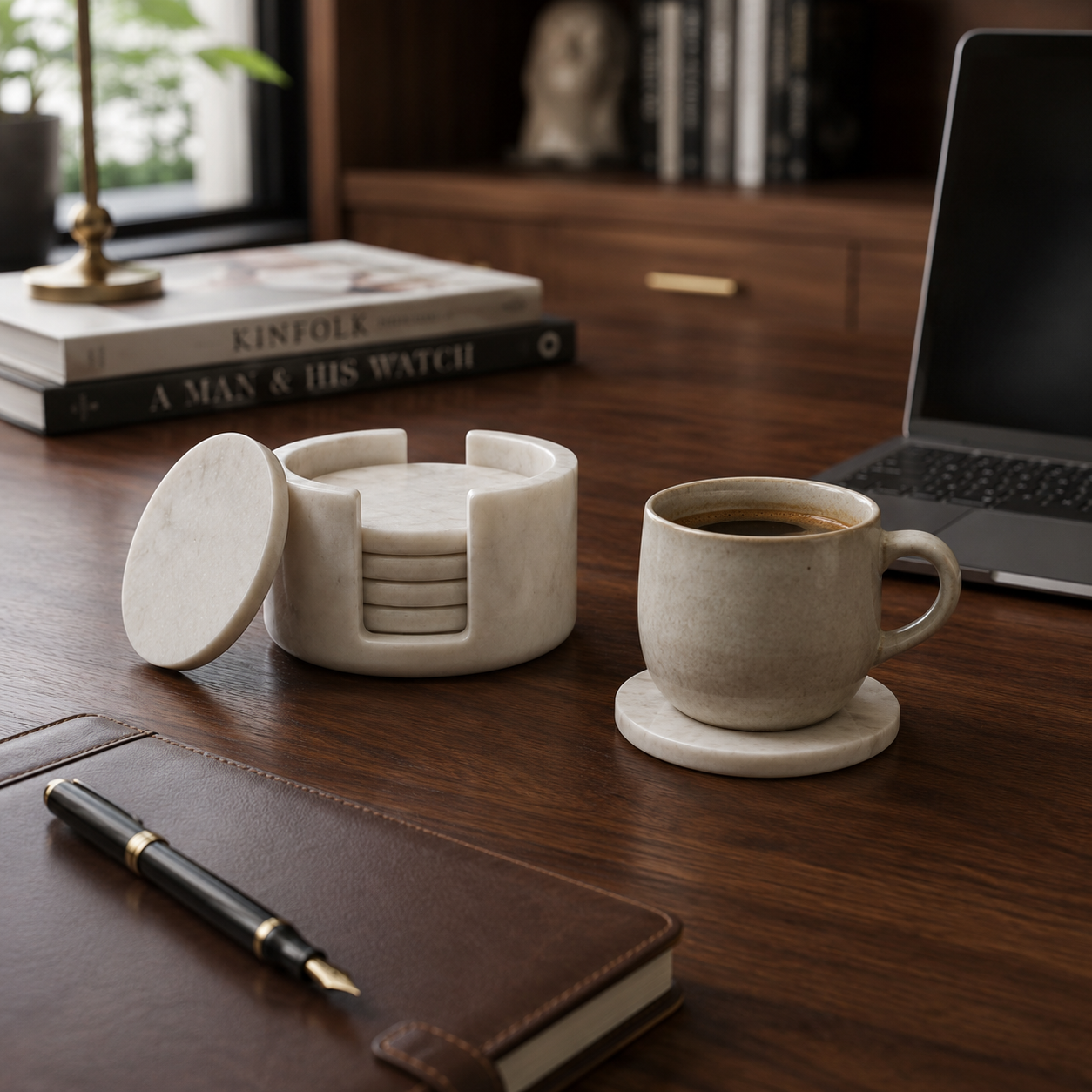 Luxury White Marble Coaster Set with Holder - Set of 6 Natural Stone Drink Coasters for Coffee Table, Dining Table & Office | Marvique Interior