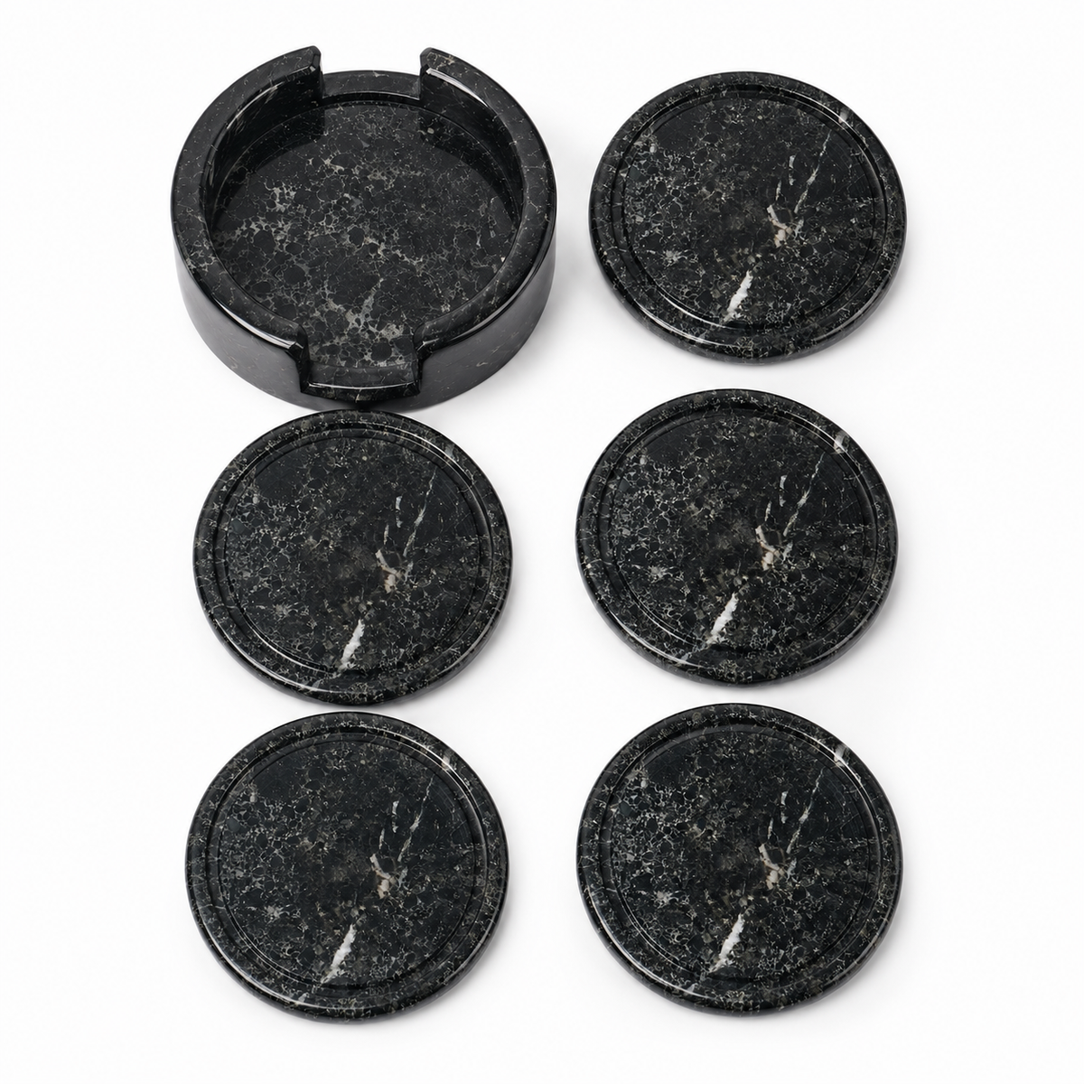 Handcrafted Black Marble Coaster Set with Holder – Set of 6 Natural Stone Drink Coasters for Coffee Table, Dining & Home Décor | Marvique Interior