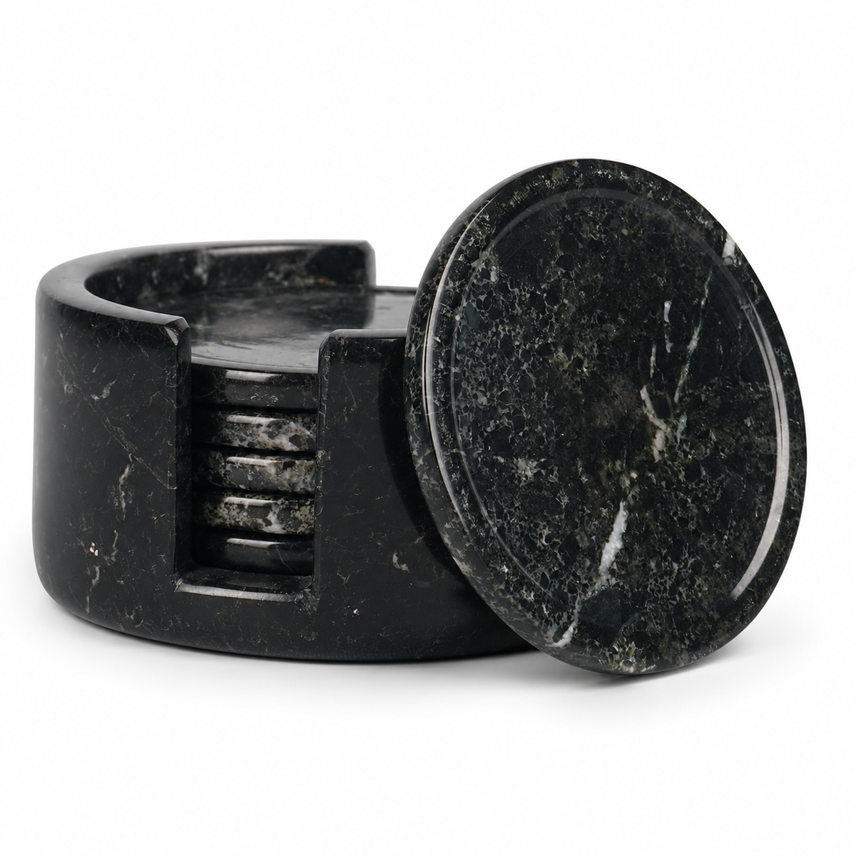 Handcrafted Black Marble Coaster Set with Holder – Set of 6 Natural Stone Drink Coasters for Coffee Table, Dining & Home Décor | Marvique Interior