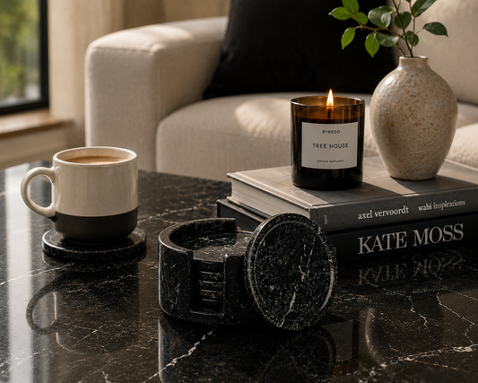 Handcrafted Black Marble Coaster Set with Holder – Set of 6 Natural Stone Drink Coasters for Coffee Table, Dining & Home Décor | Marvique Interior