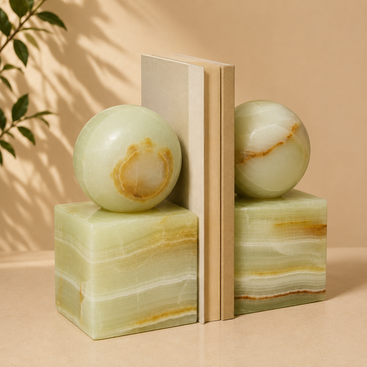Handcrafted Natural Onyx Marble Bookends - Luxury Stone Book Ends for Home & Office Décor | 6.5" H