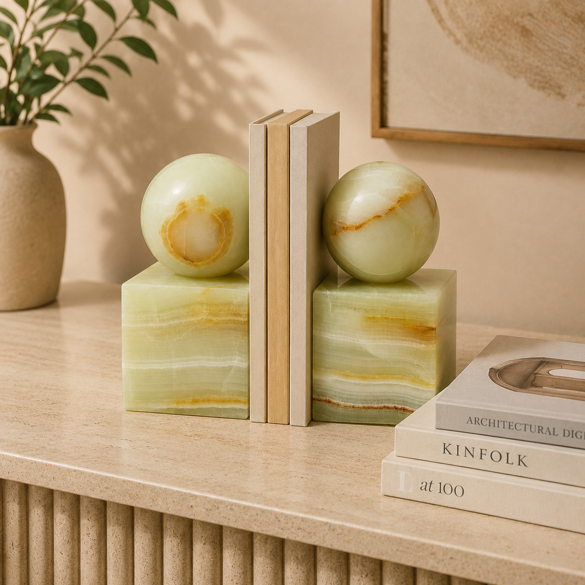 Handcrafted Natural Onyx Marble Bookends - Luxury Stone Book Ends for Home & Office Décor | 6.5" H