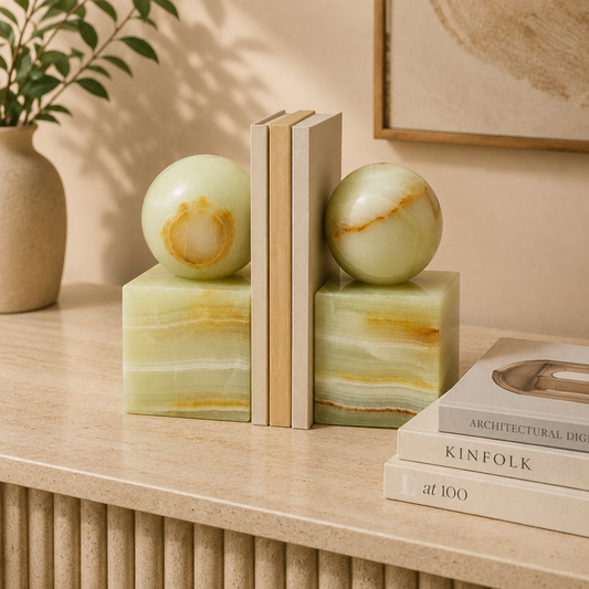 Handcrafted Natural Onyx Marble Bookends - Luxury Stone Book Ends for Home & Office Décor | 6.5" H
