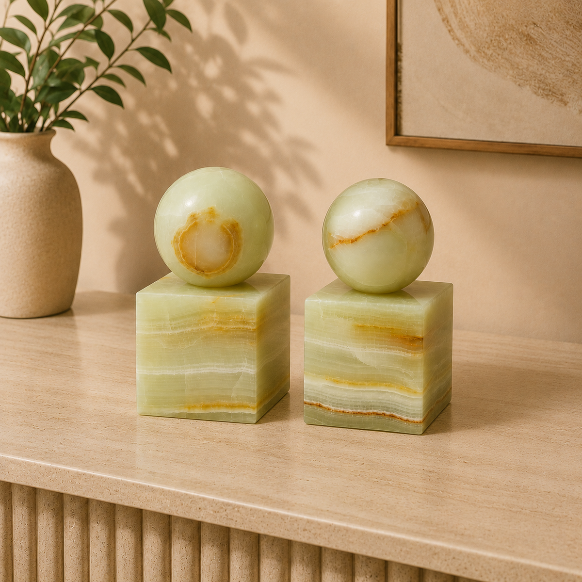 Handcrafted Natural Onyx Marble Bookends - Luxury Stone Book Ends for Home & Office Décor | 6.5" H
