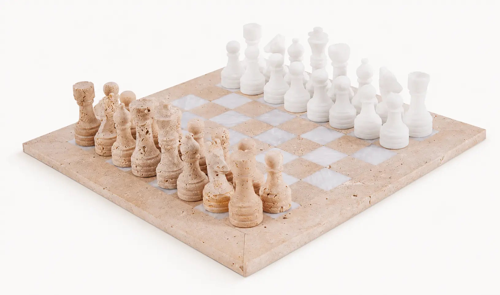 A stone chess set with a beige and white checkered board and carved wooden and stone pawns, rooks, bishops, knights, and queens, arranged on a white background.