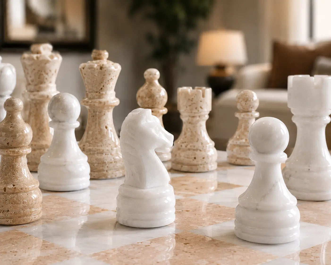 White and Travertine chess set