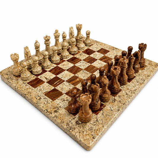 A marble and wood chess set on a white background, featuring a granite-patterned board with dark brown and light beige squares, paired with ivory and dark brown chess pieces.