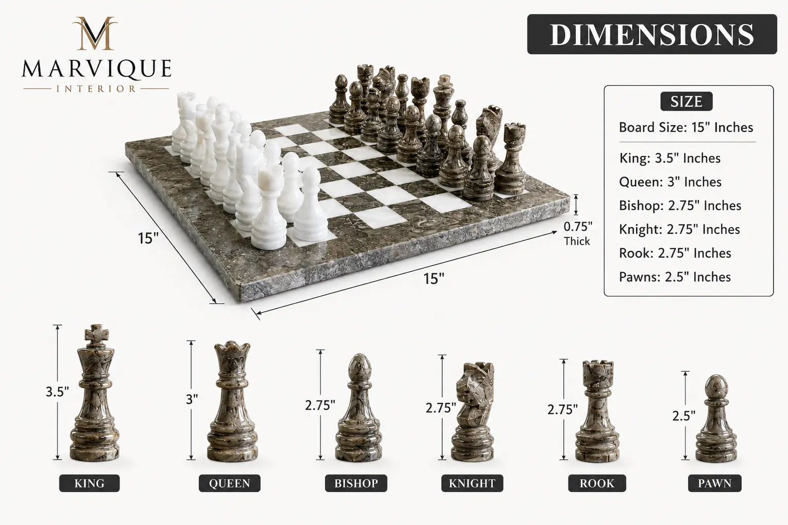 A Marvique Interior chess set shown on a light background with dimension callouts and a size table. The set includes a 15-inch square checkered board with white and dark gray chess pieces arranged in starting positions.