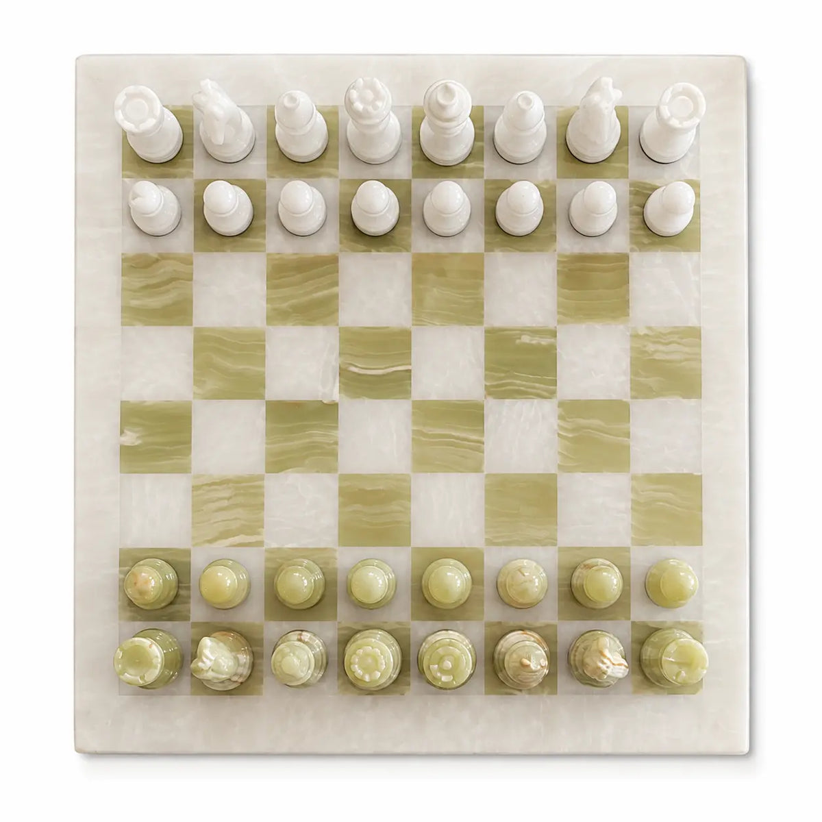 An elegant marble chess set featuring a square board with alternating sage green and cream marbled squares, complete with white and pale green chess pieces arranged in starting positions.