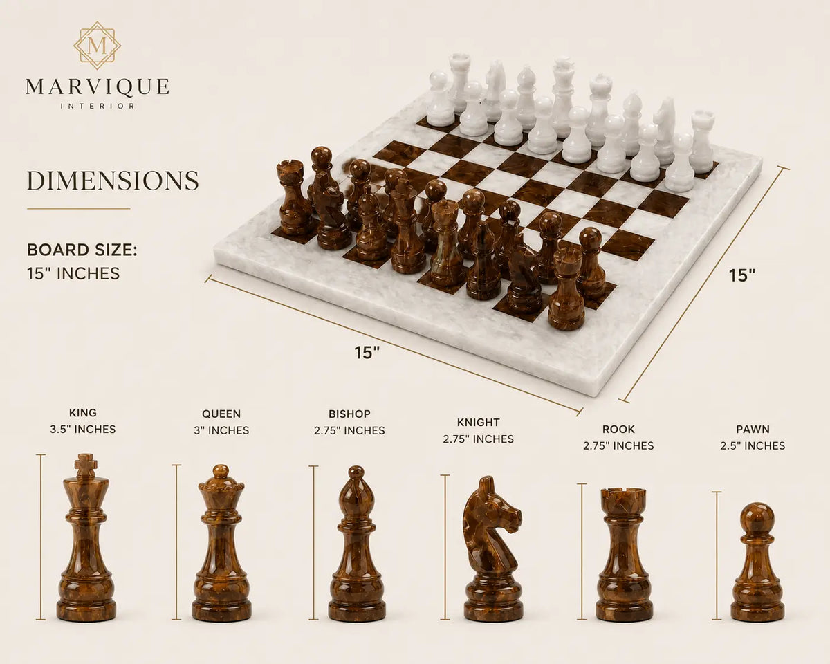 Marble chess set shown on a light beige background with dimension callouts. The image includes the brand name Marvique Interior, a 15-inch board and pieces, and labeled chess piece sizes from king to pawn.