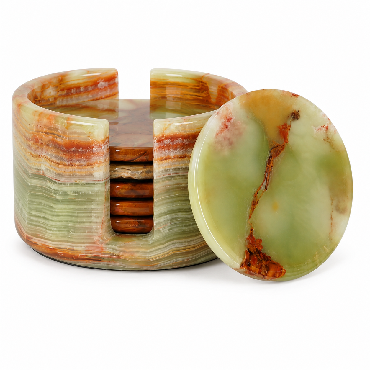 Green Onyx Marble Coaster Set with Holder – Handcrafted Natural Stone Drink Coasters (Set of 6) | Marvique Interior