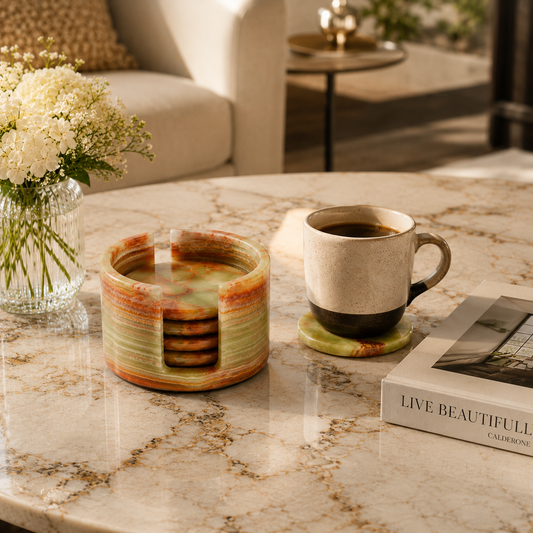 Green Onyx Marble Coaster Set with Holder – Handcrafted Natural Stone Drink Coasters (Set of 6) | Marvique Interior