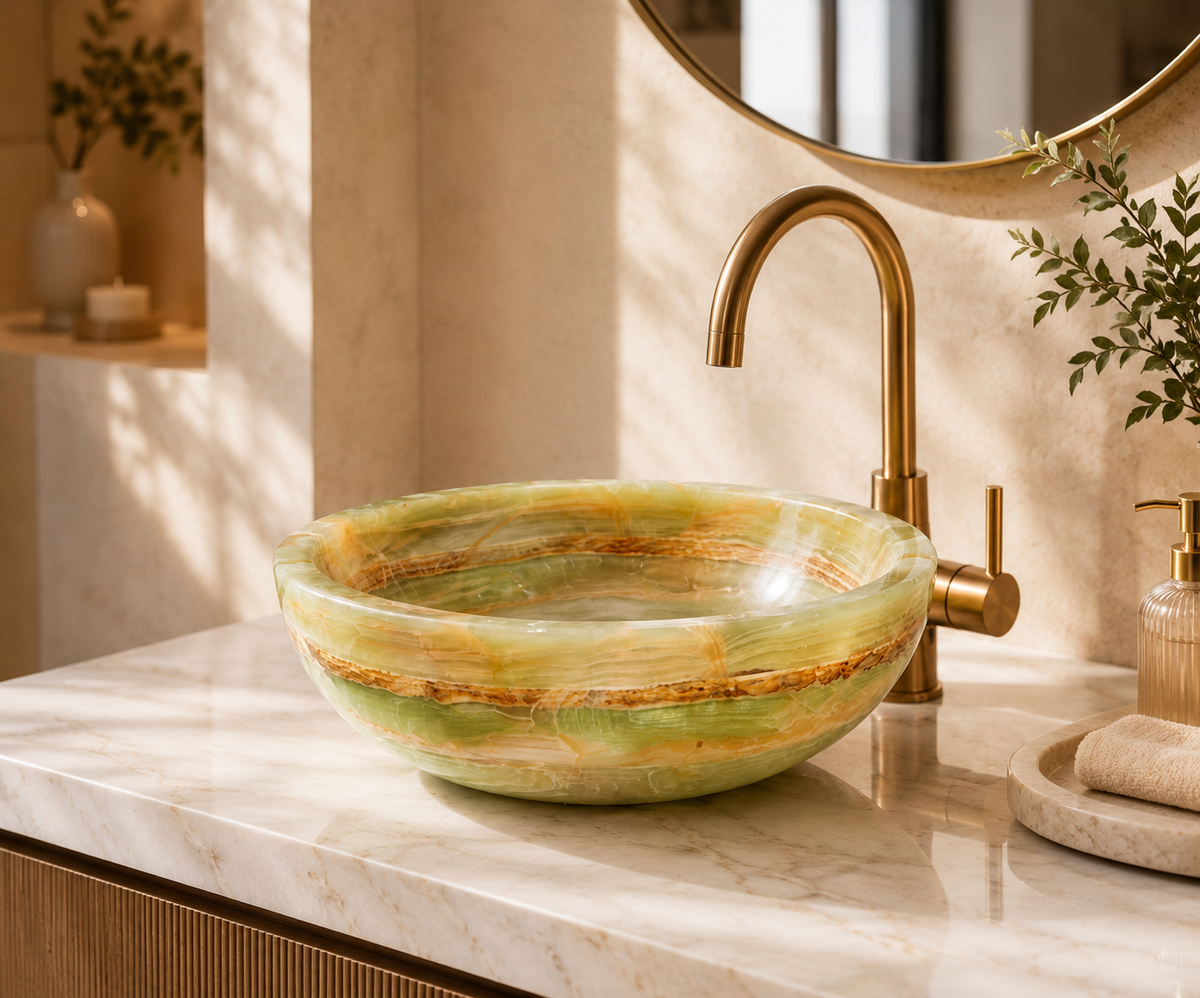 Handcrafted Natural Onyx Marble Vessel Sink – Luxury Bathroom Vanity Basin, 16" x 16" x 6"