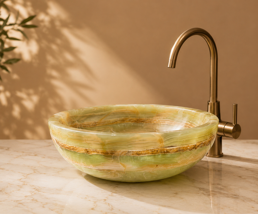 Handcrafted Natural Onyx Marble Vessel Sink – Luxury Bathroom Vanity Basin, 16" x 16" x 6"